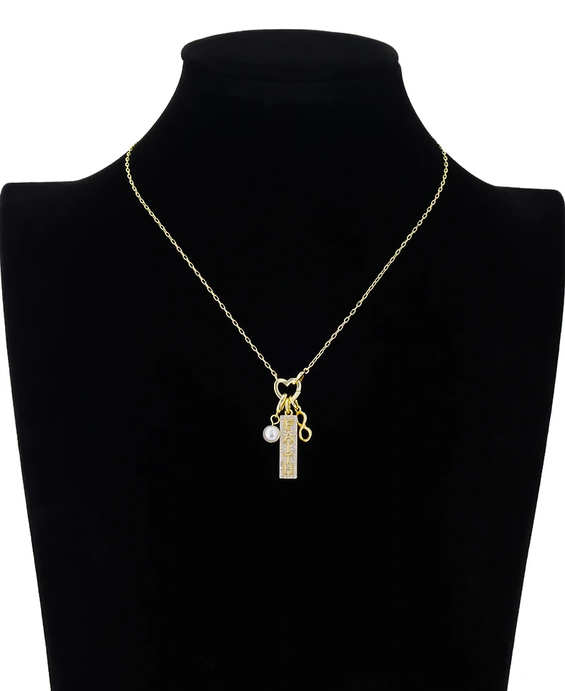 Faith" Cubic Zirconia bar, glass pearl, infinity double heart carabiner charm holder necklace