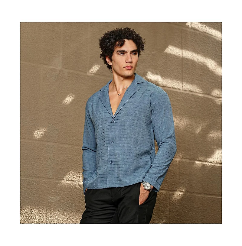 Campus Sutra Men's Azure Blue Striped Cuban Shirt