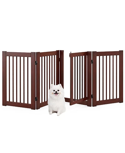 Gymax Freestanding Pet Gate 30'' Tall 4-Panel Wooden Dog Fence Solid Wood Foldable
