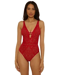 Becca Women's Color Play Crochet Plunge One-Piece Swimsuit