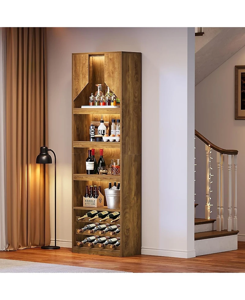 Tribesigns 86.6" Tall Kitchen Cabinet with Stripe Light, Farmhouse Home Bar Liquor Cabinet with Wine Racks