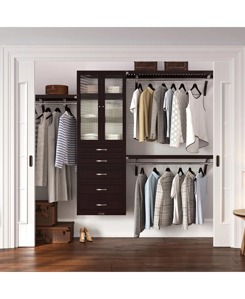 Solid Wood Reach-In Closet Organizer with 6 Drawers and Glass Doors