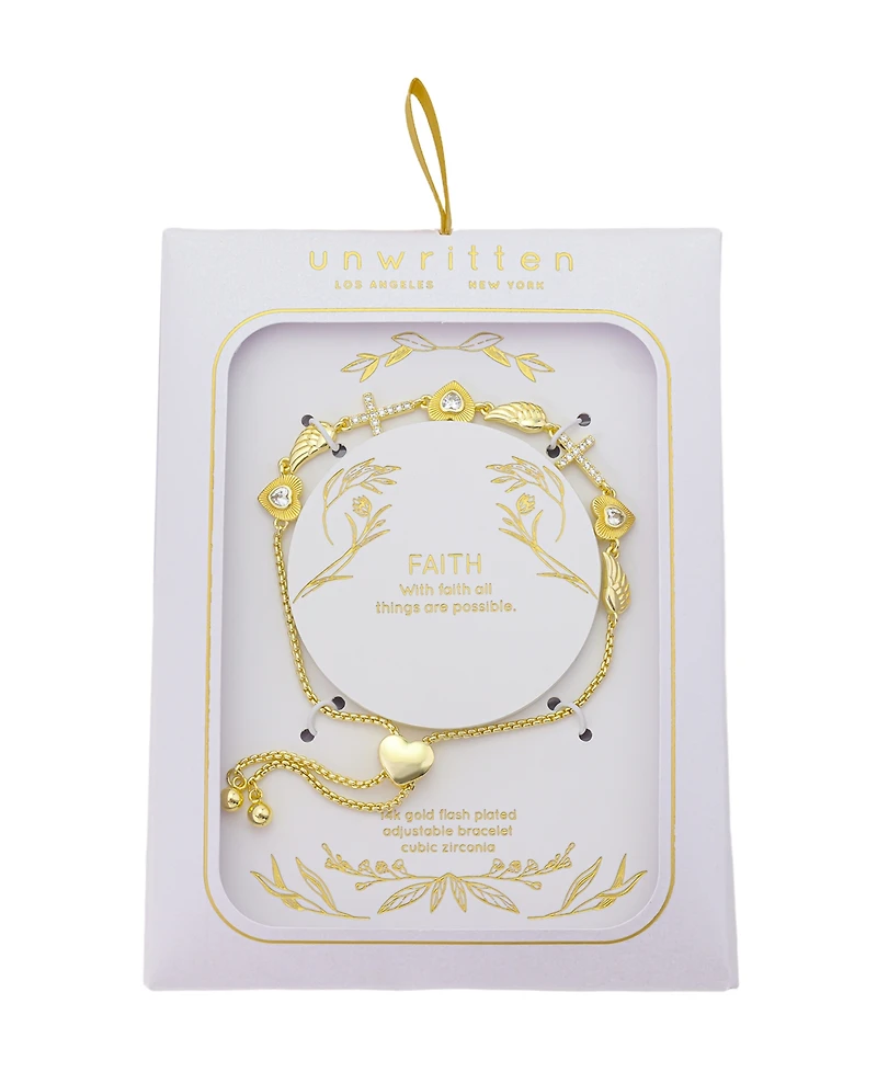 Unwritten Cubic Zirconia Gold Plated Cross Charm Adjustable Bolo Bracelet