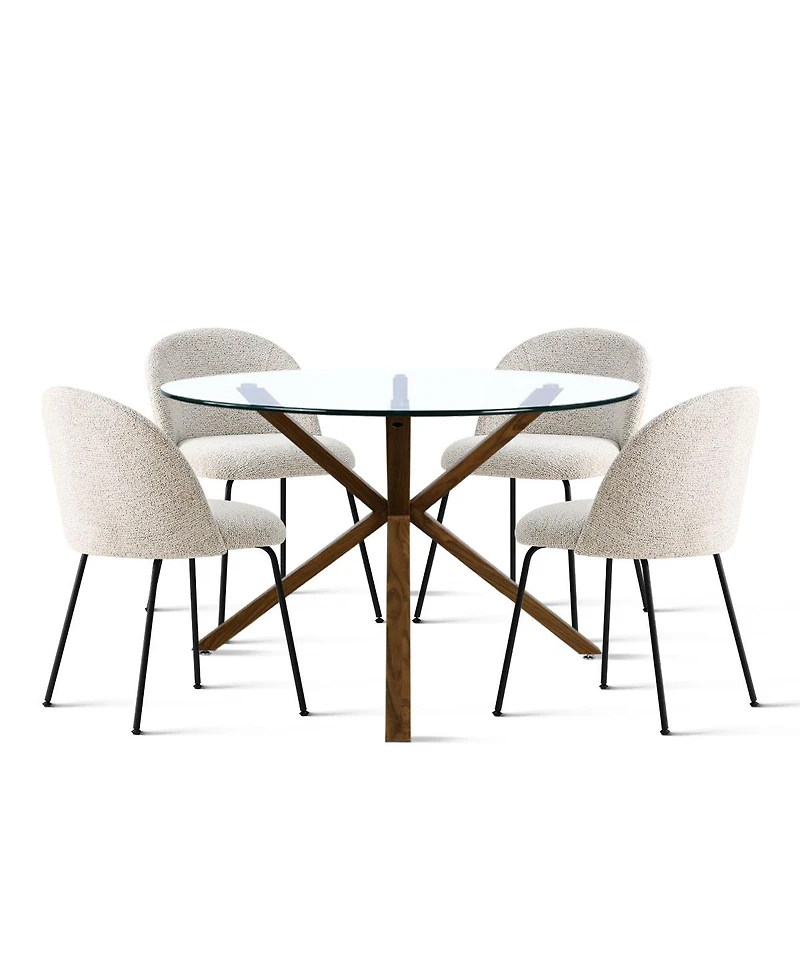 5-Piece Round Glass Dining Table Set, Modern Kitchen with Upholstered Chairs & Metal Legs-Maison Boucle
