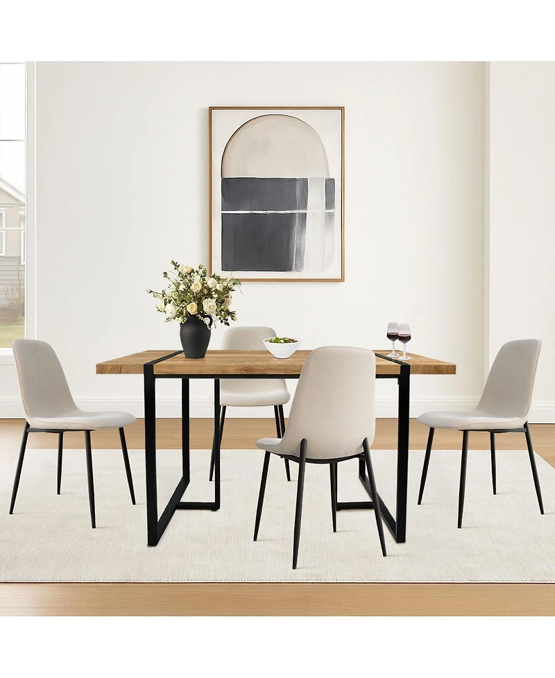 5-Piece Dining Table Set with 59'' Mdf Table, Rectangular Wood-Look Top and Black Metal Legs 4 Upholstered Chairs-Maison Boucle
