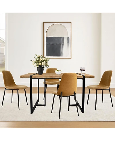 5-Piece Dining Table Set with 59'' Mdf Table, Rectangular Wood-Look Top and Black Metal Legs 4 Upholstered Chairs-Maison Boucle