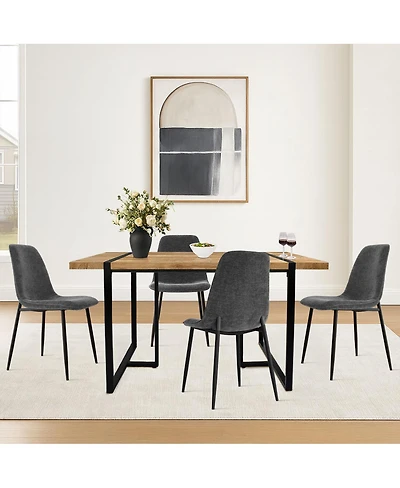 5-Piece Dining Table Set with 59'' Mdf Table, Rectangular Wood-Look Top and Black Metal Legs 4 Upholstered Chairs-Maison Boucle
