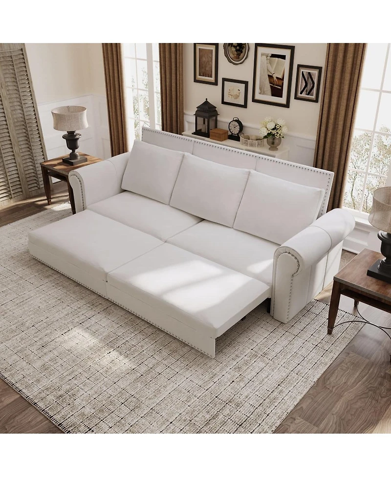 Maison Boucle 93.7" Velvet King Pull Out Sofa Bed, 3-in-1 Convertible Sleeper Couch with Chaise & Nailhead Trim for Living Room or Guest