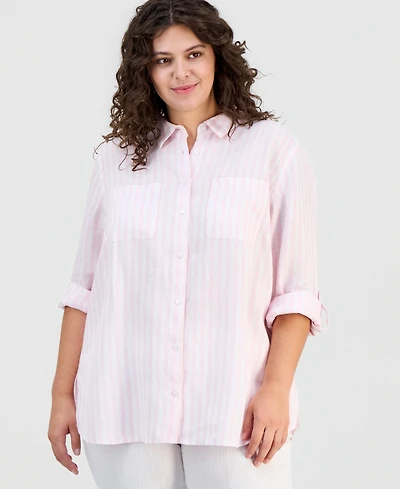 Charter Club Plus 100% Linen Striped Button-Front Shirt, Macy's Exclusive