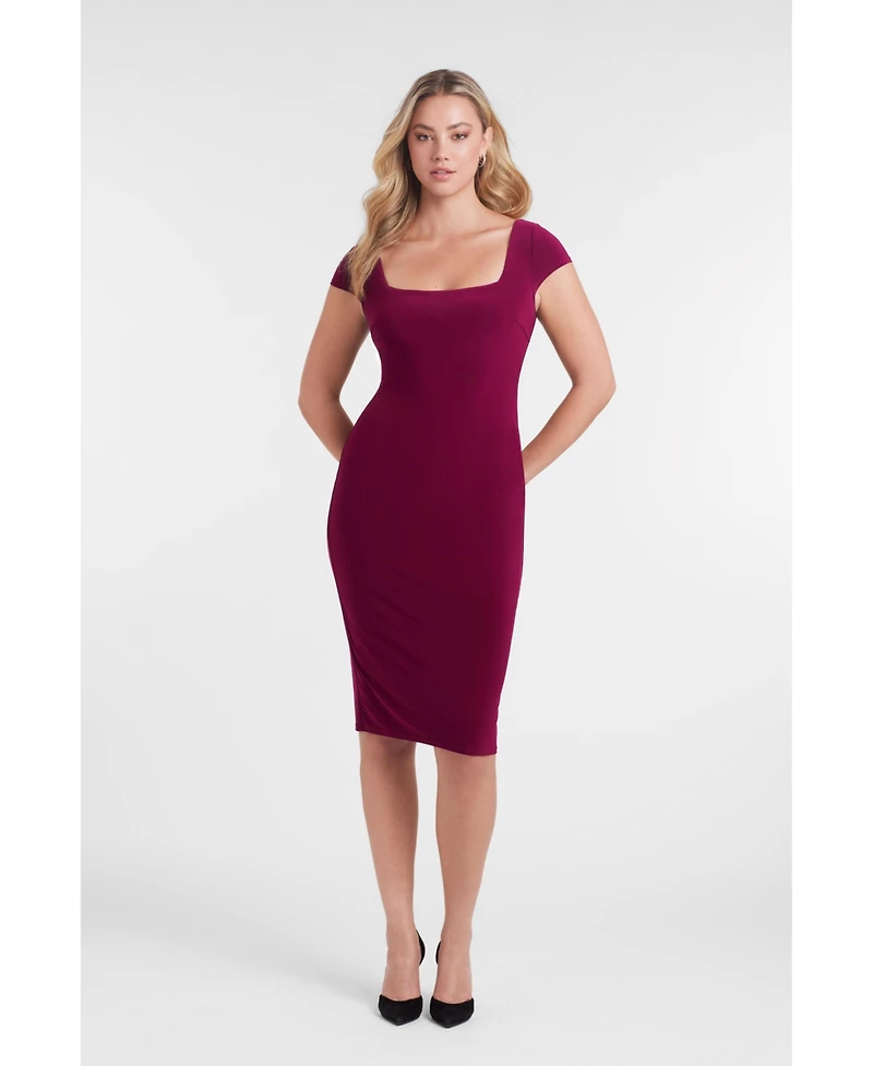 S3 Square Women's Neck Cap Sleeve Sculpting Midi Dress with Built-In Shapewear