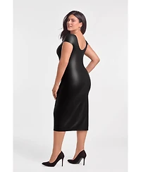 S3 Apparel Women's Sculpting Shapewear Square Neck Cap Sleeve Faux Leather Midi Dress