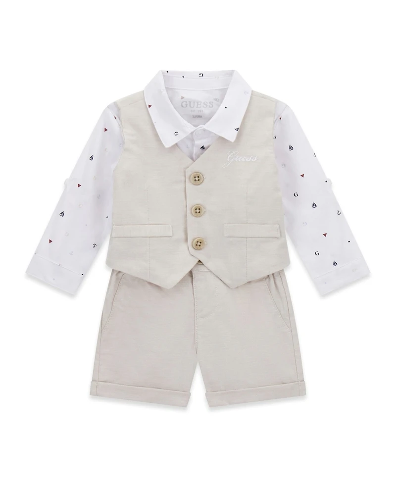 Guess Baby Boys Stretch Oxford Vest, Poplin Button Down Shirt and Shorts, 3-Piece Set
