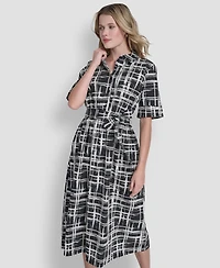 Dkny Women's 3/4-Sleeve Collared Neck Cotton Midi Shirtdress