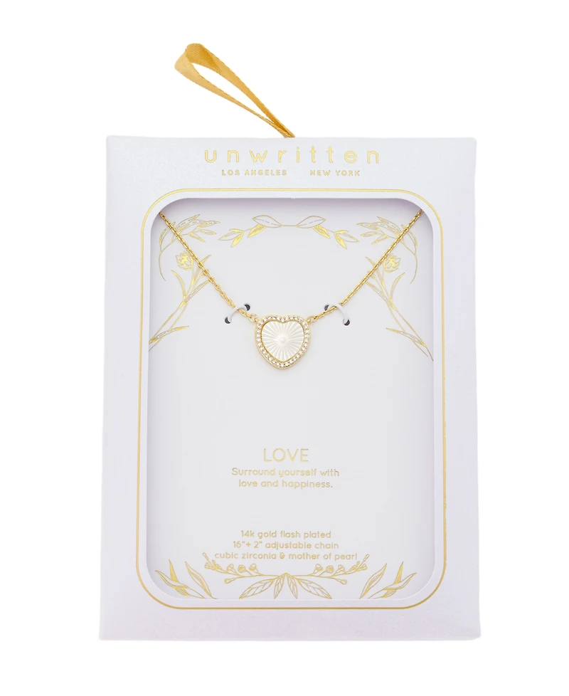 Unwritten Mother Of Pearl Inlay Cubic Zirconia Heart Necklace with Extender