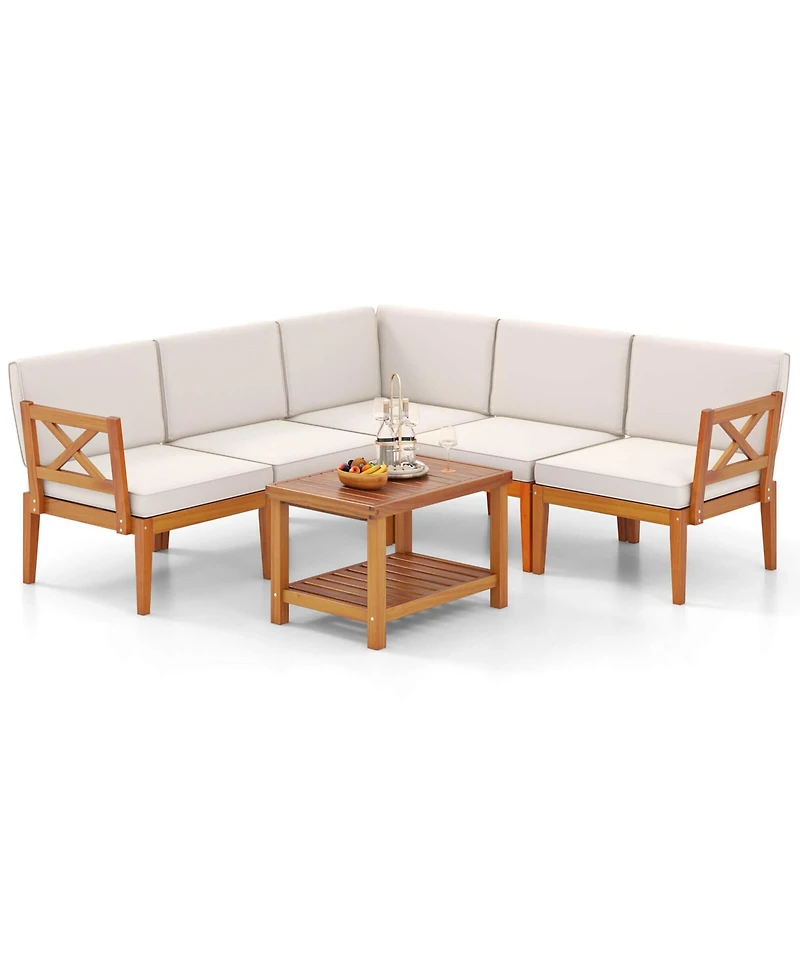 Costway 6 Pcs Acacia Wood Cushions & 2-Tier Coffee Table Patio Furniture Set.