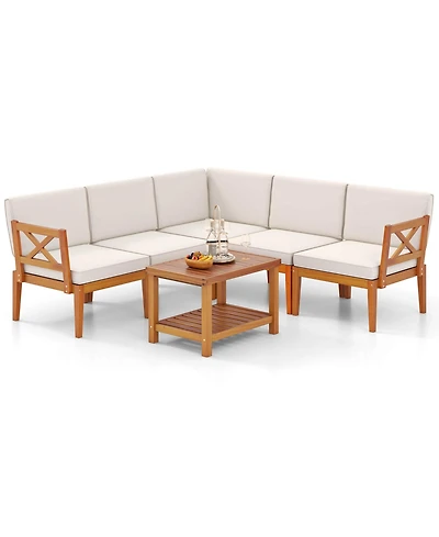 Costway 6 Pcs Acacia Wood Cushions & 2-Tier Coffee Table Patio Furniture Set.