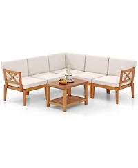 Costway 6 Pcs Acacia Wood Cushions & 2-Tier Coffee Table Patio Furniture Set.