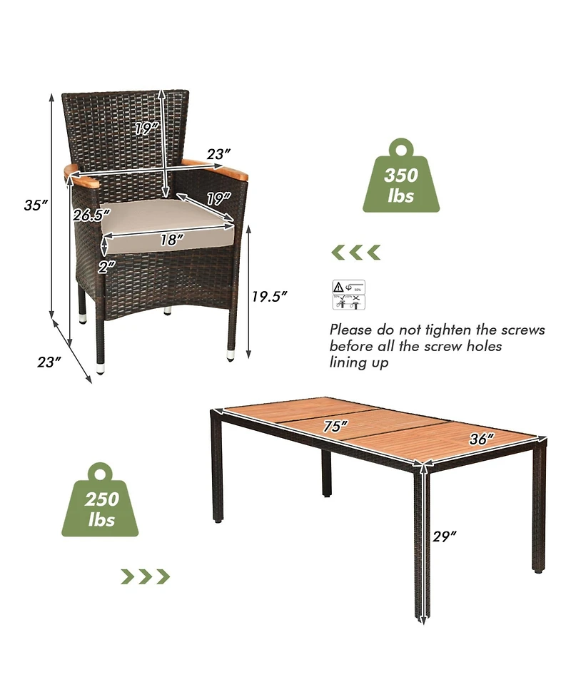 Costway 9PCS Patio Wicker Dining Set Acacia Wood Table Top Umbrella Hole Cushions Chairs