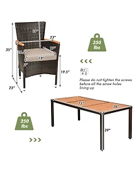 Costway 9PCS Patio Wicker Dining Set Acacia Wood Table Top Umbrella Hole Cushions Chairs