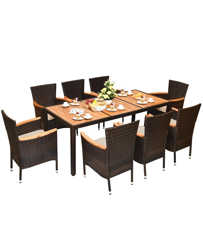 Costway 9PCS Patio Wicker Dining Set Acacia Wood Table Top Umbrella Hole Cushions Chairs