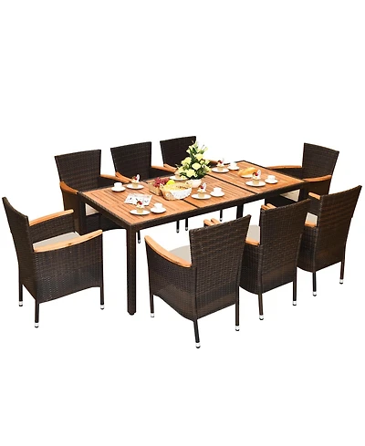 Costway 9PCS Patio Wicker Dining Set Acacia Wood Table Top Umbrella Hole Cushions Chairs
