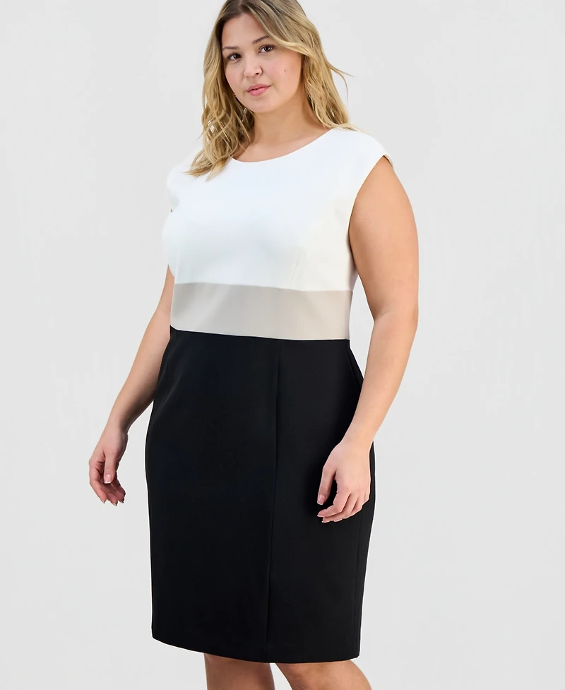 Kasper Plus Round-Neck Colorblocked Crepe Sheath Dress