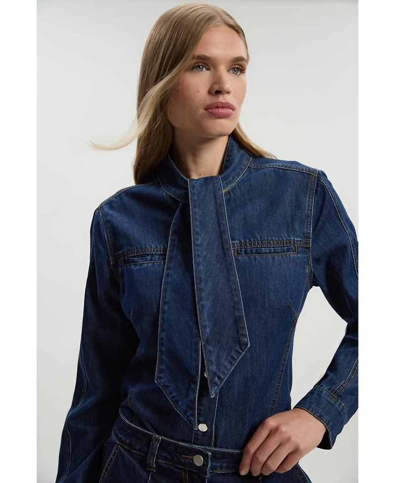 Karen Millen Women's Denim Pussybow Blouse