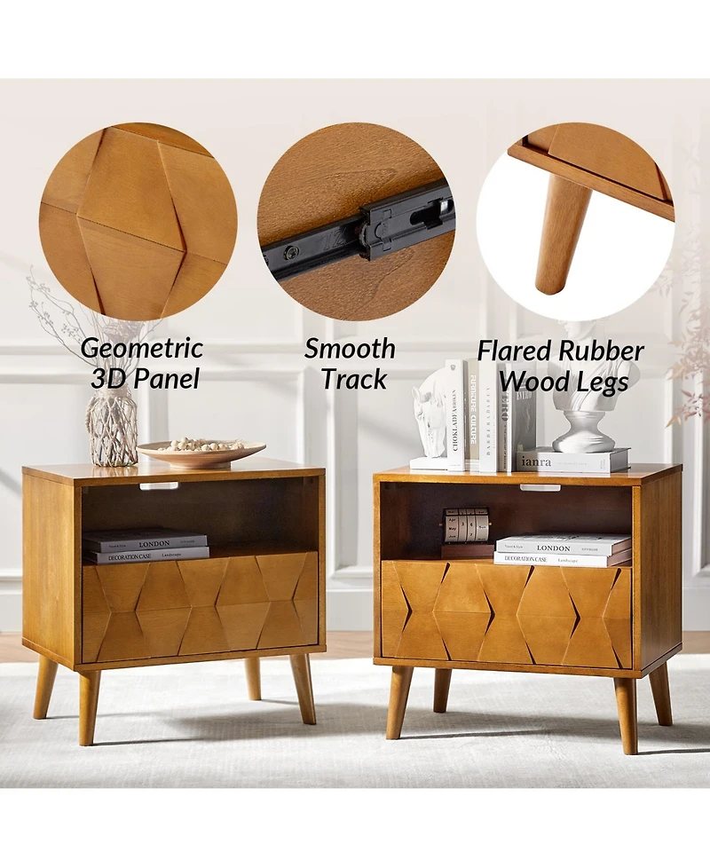 Zenaida Mid-century Modern Nightstand with Charging Ports and Hidden Drawer