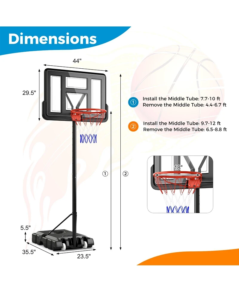 Sugift 4.4-10 Feet Portable Basketball Hoop Adjustable with 2 Wheels and Fillable Base-Black