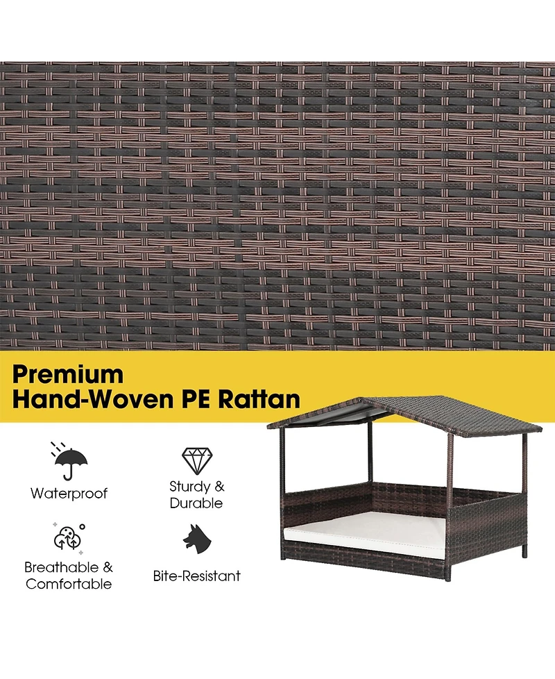 Sugift Outdoor Wicker Dog House with Weatherproof Roof-White