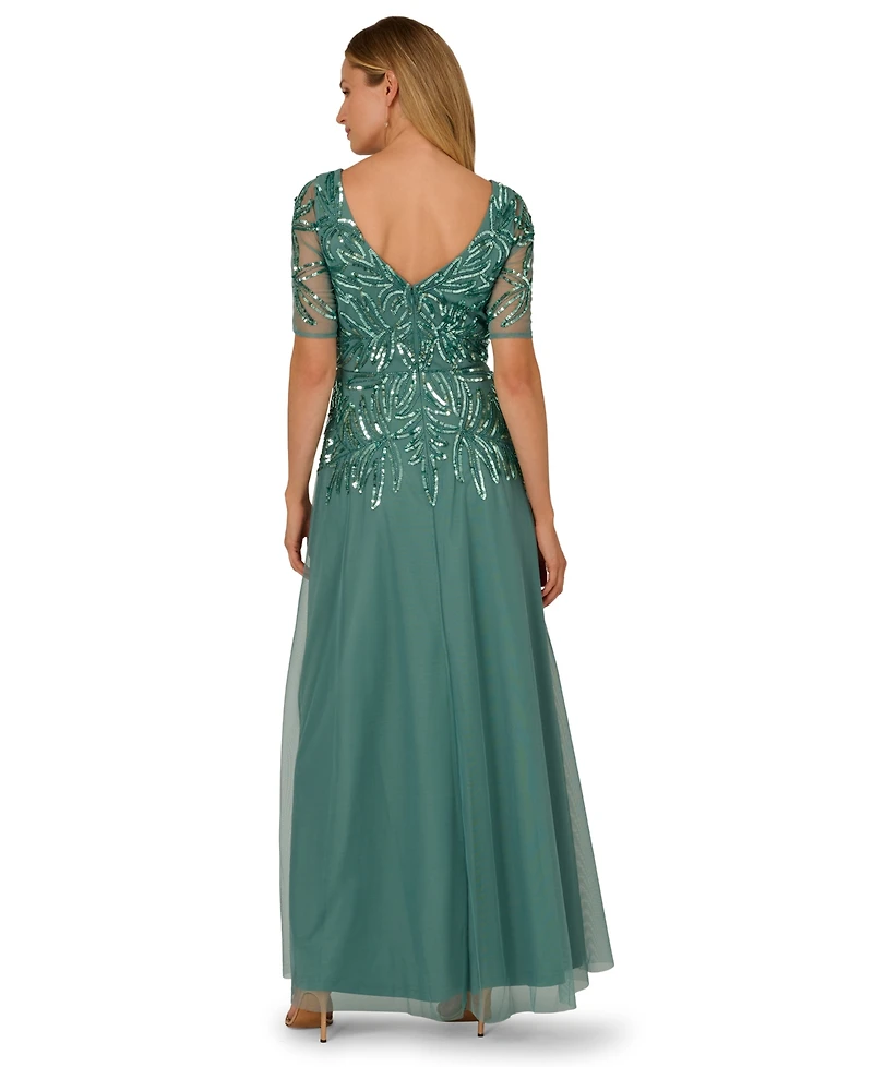 Adrianna Papell Plus Beaded Mesh V-Neck Long Dress