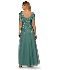 Adrianna Papell Plus Beaded Mesh V-Neck Long Dress