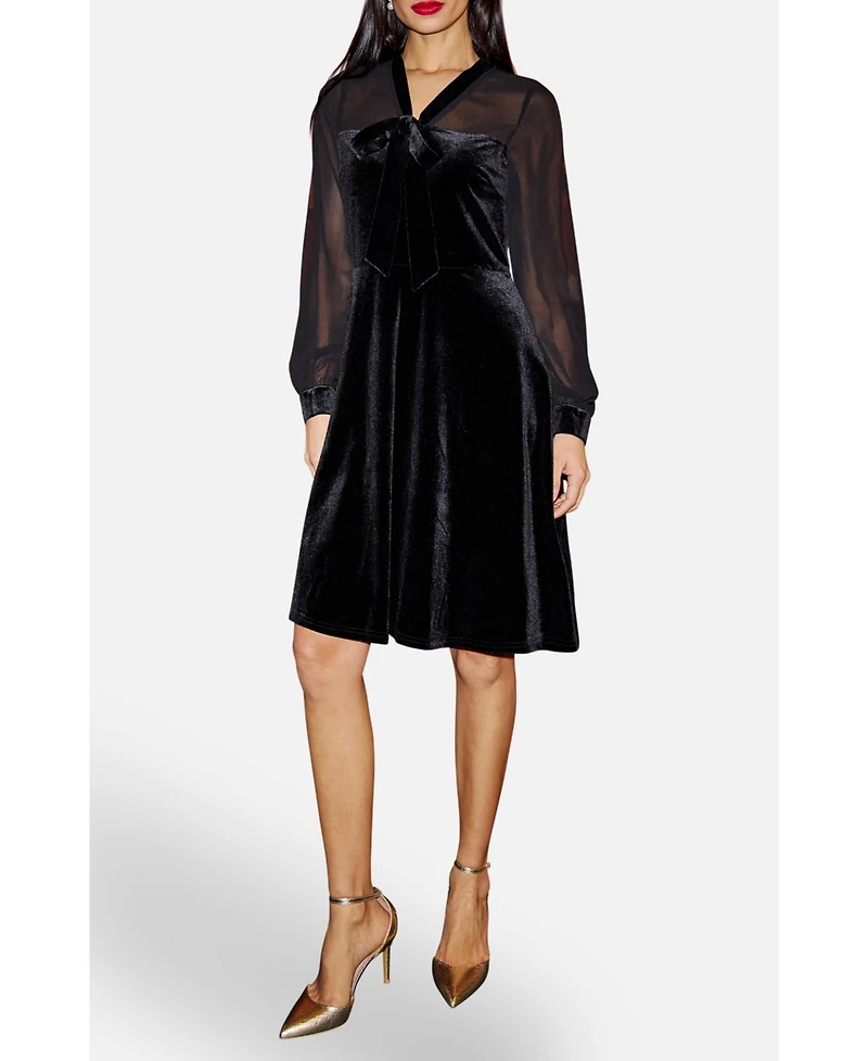 Yumi Women's Velvet Sheer Sleeves Skater Dress