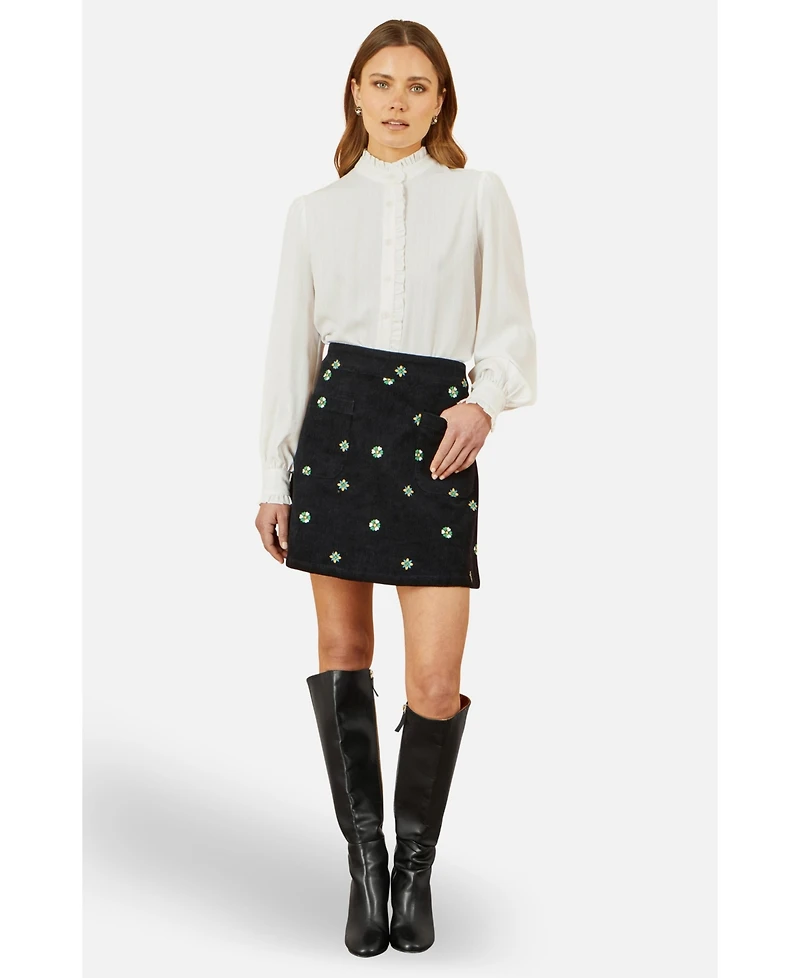 Yumi Women's Flower Embroidered Cord Mini Skirt