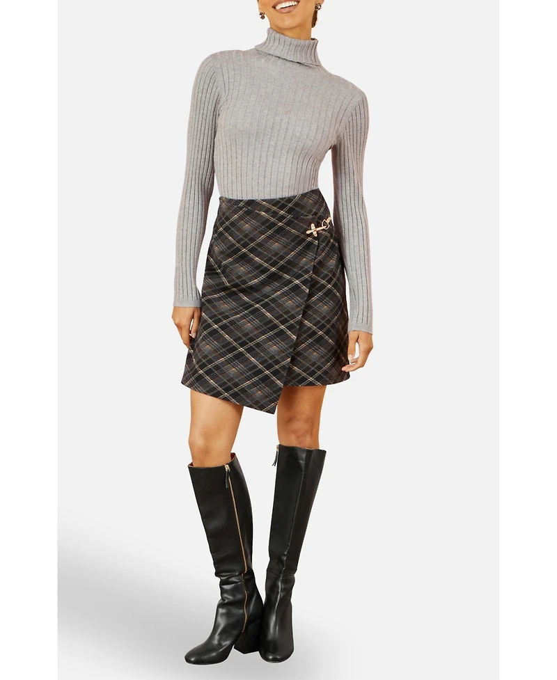 Yumi Women's Check Wrap Skirt With Buckle