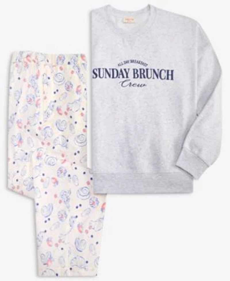 State Of Day Womens Terry Crewneck Sweatshirt Poplin Pajama Pants Macys Exclusive