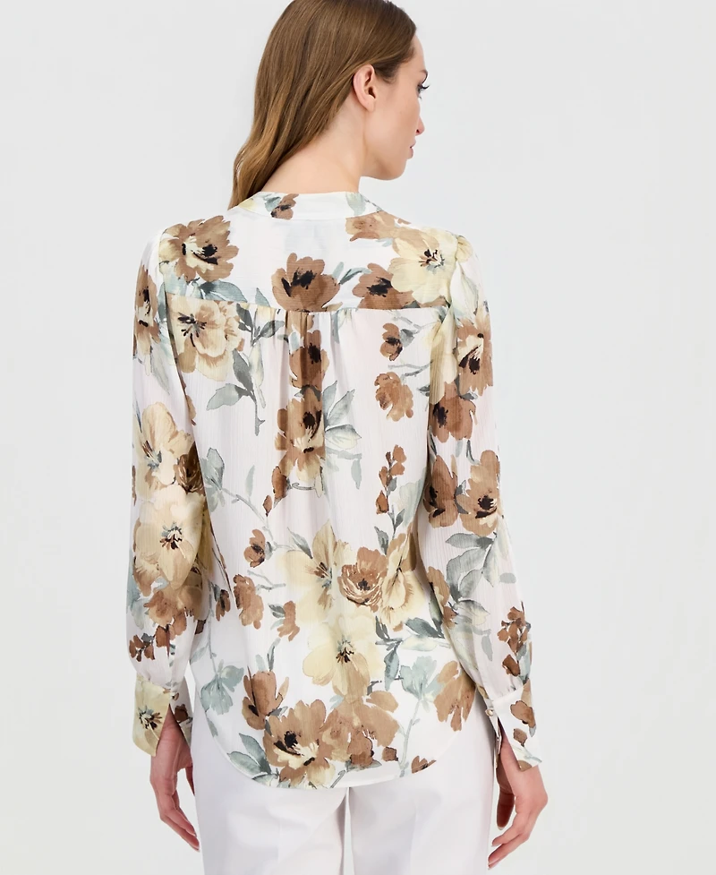 Anne Klein Women's Printed Pleated Long-Sleeve Blouse