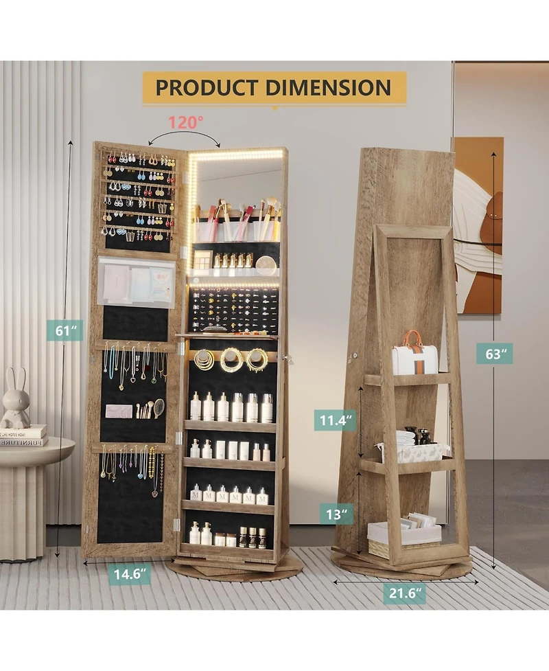 Vlsrka 360° Swivel Jewelry Full-Length Mirror Cabinet with Lights