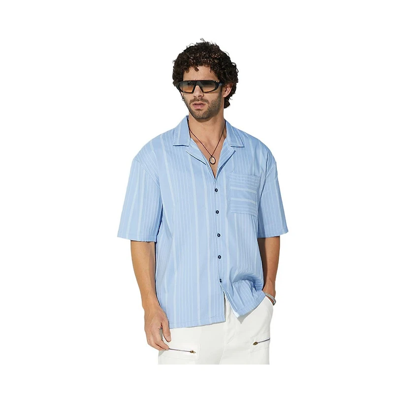 Campus Sutra Men's Powder Blue Unbalanced-Ridge Oversized Shirt
