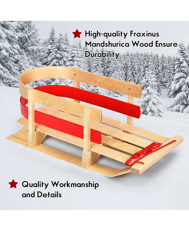 Hongge Wooden Snow Sled for Kids Classic Pull Sled with Backrest and Rope