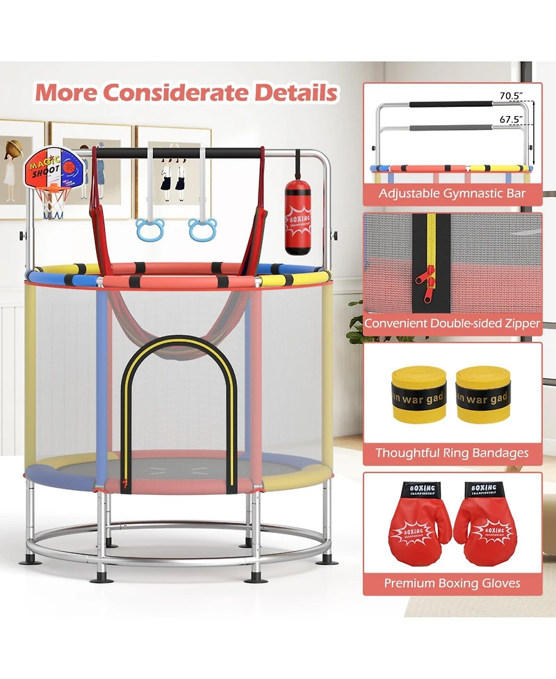 Hongge 6 In 1 Kids Trampoline With Basketball Hoop Gymnastics Bar And Safety Net