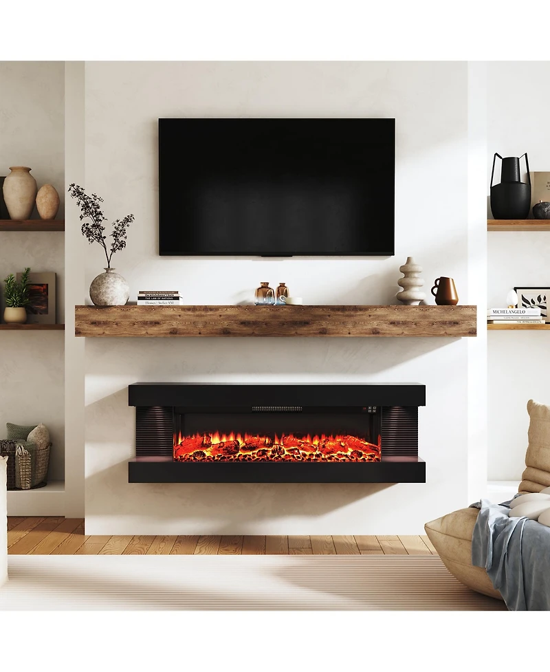 Clihome Inches Wall-Mounted Electric Fireplace With Led Lighted Mantel And Remote
