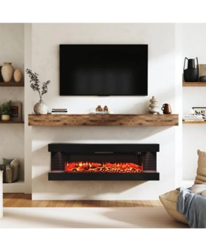 Clihome 50 Inches Wall Mounted Electric Fireplace With Led Lighted Mantel Remote Modern Indoor Heating Accent Fireplaces