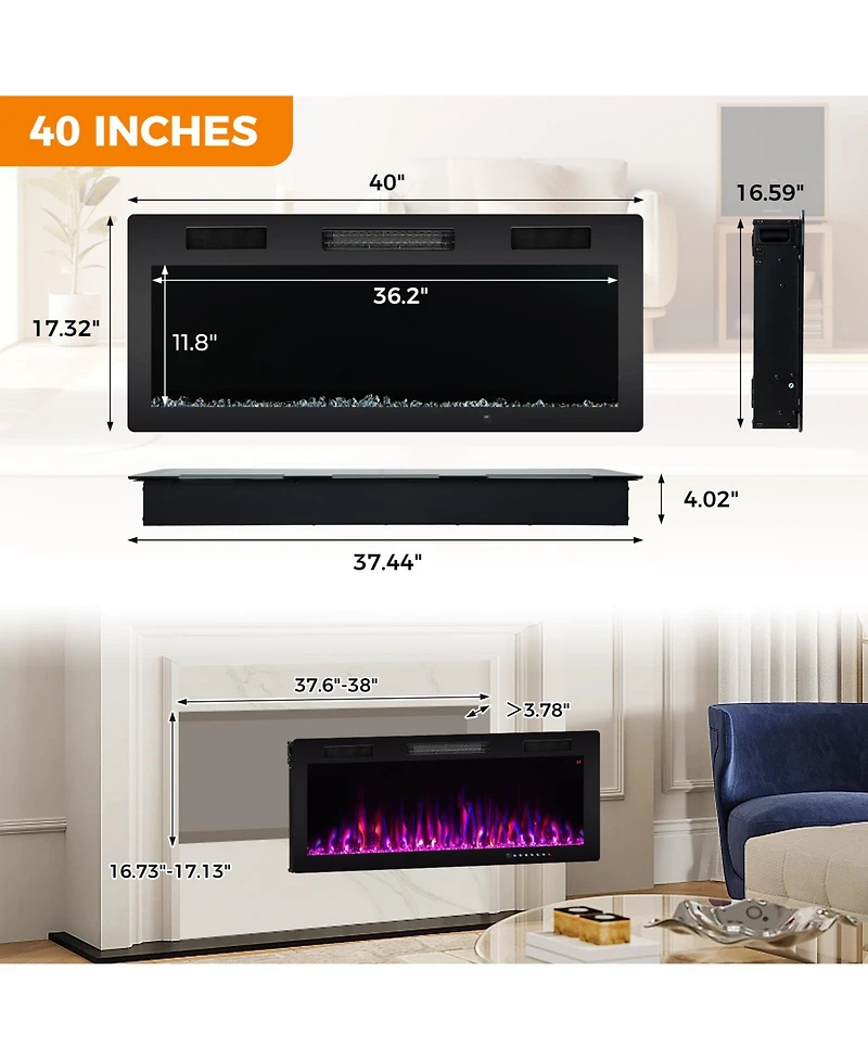 Sugift-Electric Fireplace 40 Inches Recessed and Wall Mounted for 2' x 6' Stud