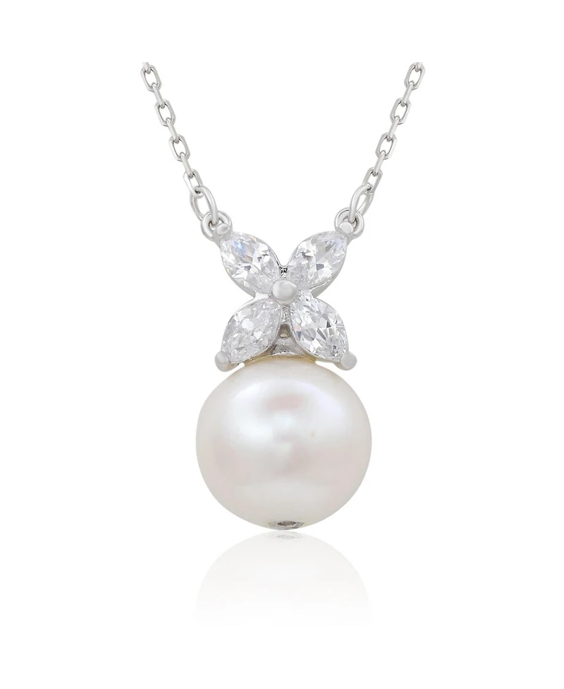 Suzy Levian Sterling Silver Freshwater Pearl & White Sapphire Marquise Flower Cluster Necklace