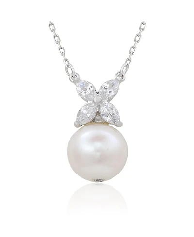 Suzy Levian Sterling Silver Freshwater Pearl & White Sapphire Marquise Flower Cluster Necklace