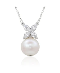 Suzy Levian Sterling Silver Freshwater Pearl & White Sapphire Marquise Flower Cluster Necklace