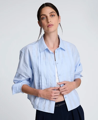 Kenneth Cole Women's Cropped Tuxedo Style Blue Button Down