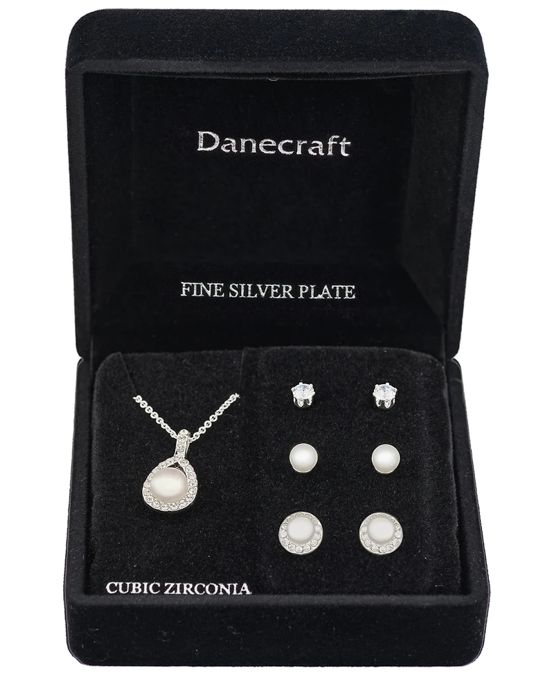 Giani Bernini Silver-Tone Teardrop Mother of Pearl Pendant Necklace and 3 of Pair Earrings Set