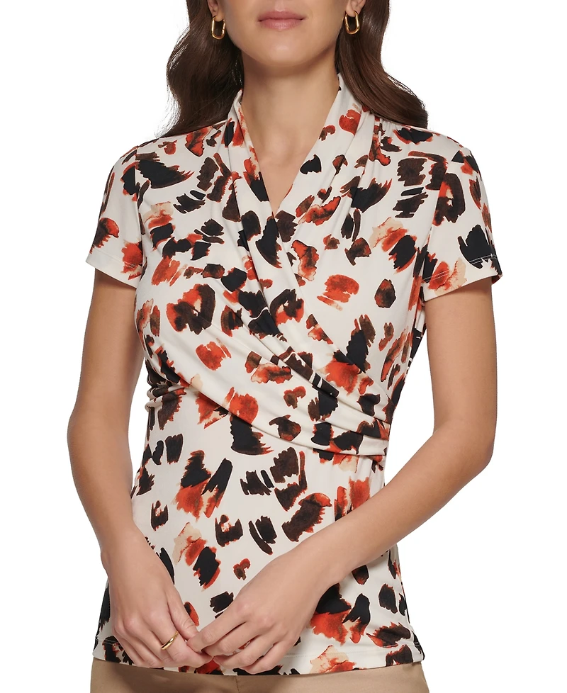 Dkny Petite Short-Sleeve Printed Wrap Blouse